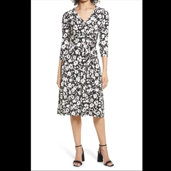 Eliza J Black White Floral Print Wrap Midi Dress – Size 10 - Picture 1 of 6